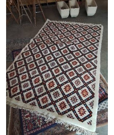 TAPIS LAINE LOSANGE ECRU NOIR BLEU ORANGÉ 165X250CM