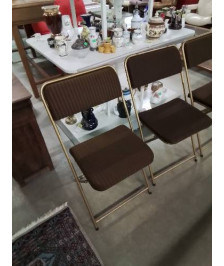 CHAISE PLIANTE MÉTAL DORÉ ASSISE ET DOSSIER TISSU MARRON ANNÉES 60 LAFUMA