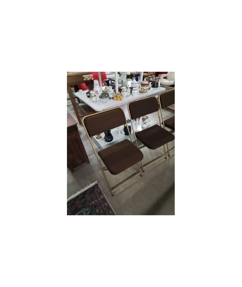 CHAISE PLIANTE MÉTAL DORÉ ASSISE ET DOSSIER TISSU MARRON ANNÉES 60 LAFUMA