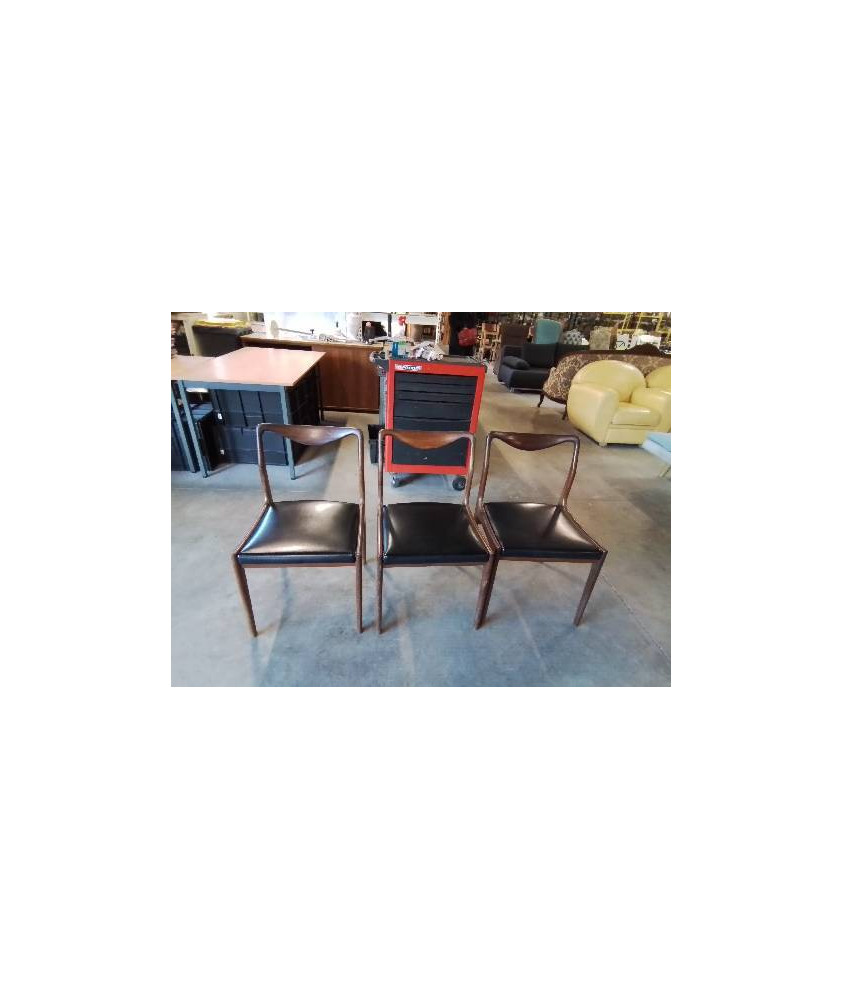 3 CHAISES SCANDINAVES TECK ASSISE SKAI NOIR ANNÉES 60