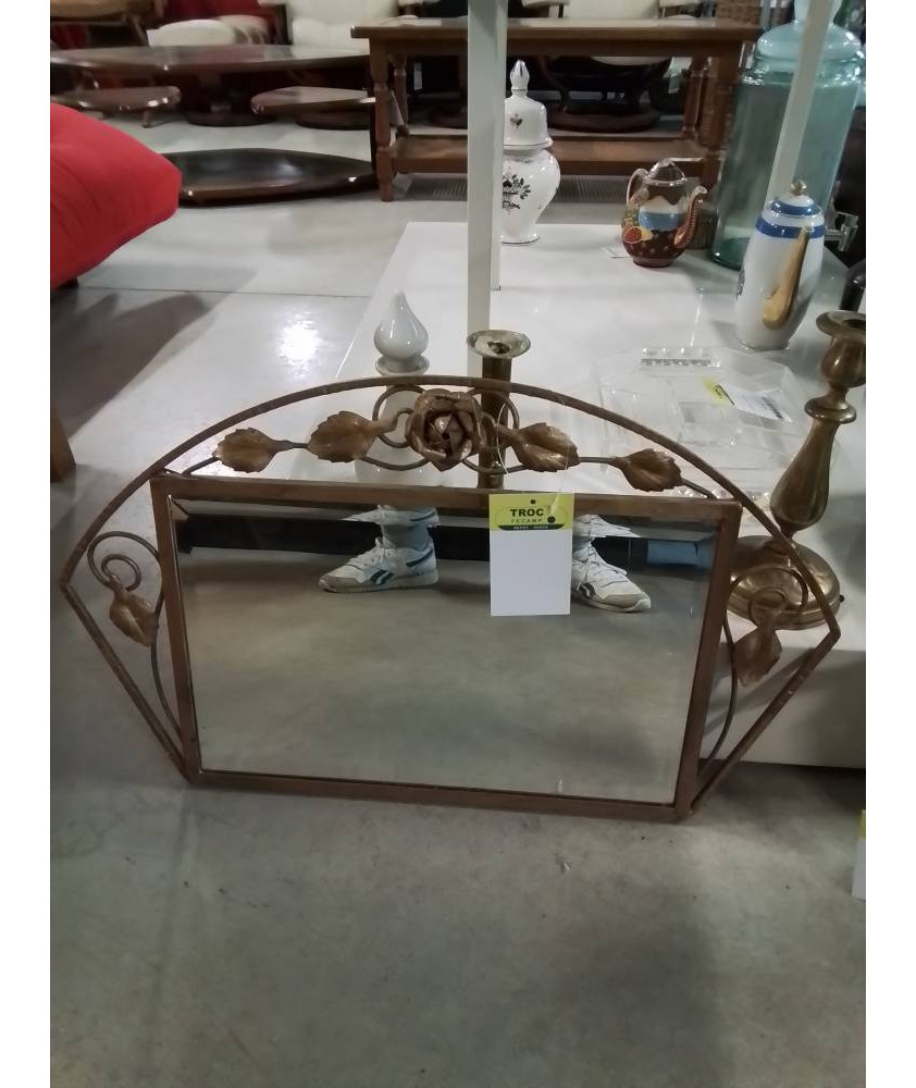 MIROIR RECTANGULAIRE CINTRÉ FER FORGÉ DORÉ A LA ROSE ART DÉCO 