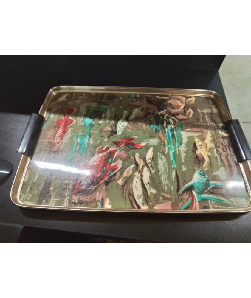 PLATEAU ANNÉES 60 AUX POISSONS MÉTAL ET BOIS