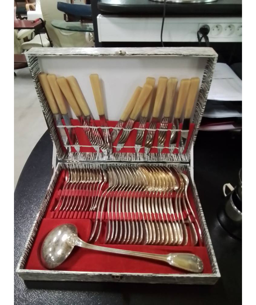 MÉNAGÈRE 52 PIECES METAL ARGENTÉ COUTEAUX ACIER INOX ANNÉES 60