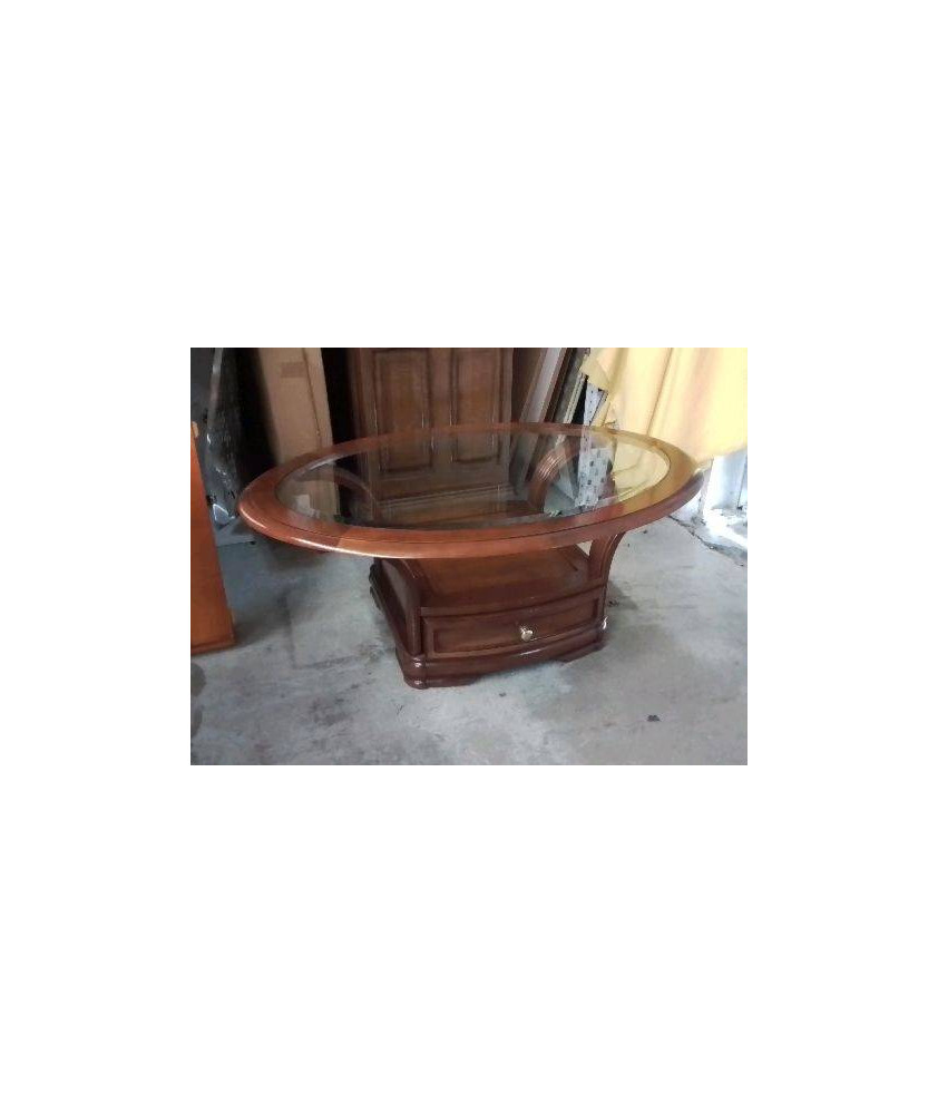 TABLE BASSE OVALE EN MERISIER PLATEAU VERRE