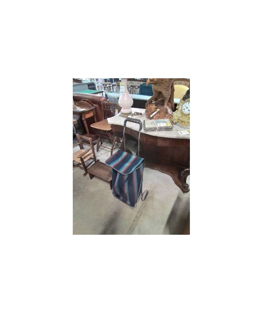 CHARIOT A ROULETTES COURSE TISSU BLEU ROUGE ORANGE A RAYURES 