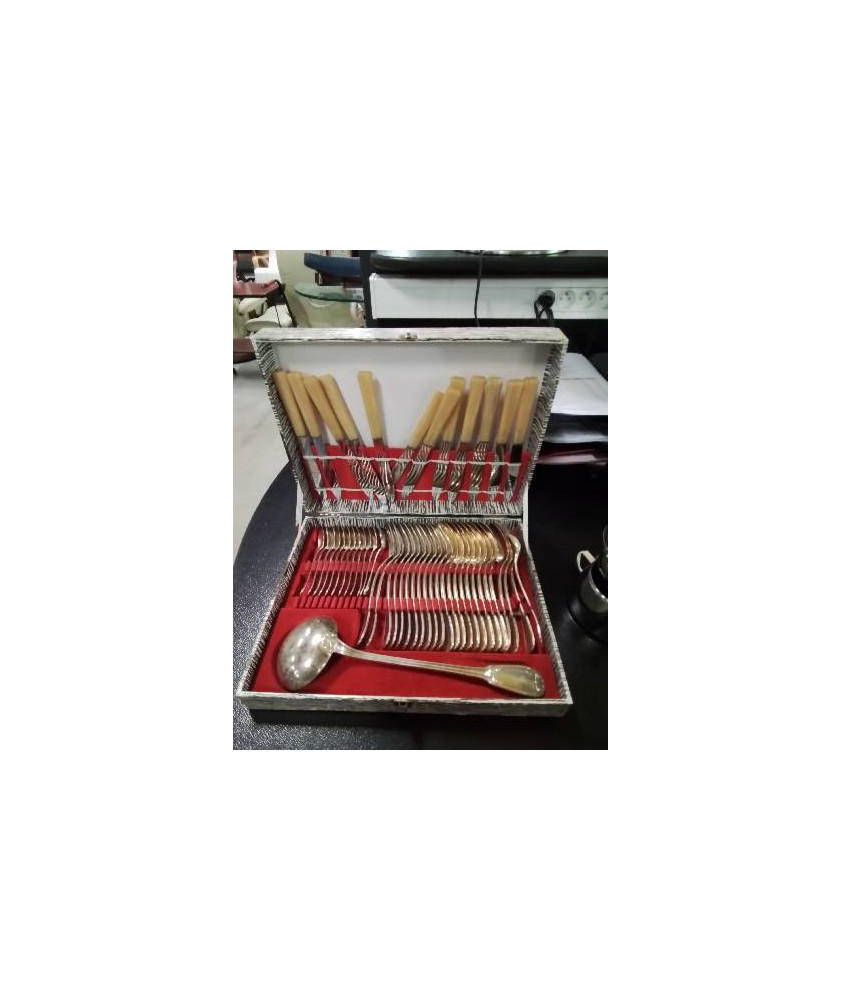MÉNAGÈRE 52 PIECES METAL ARGENTÉ COUTEAUX ACIER INOX ANNÉES 60