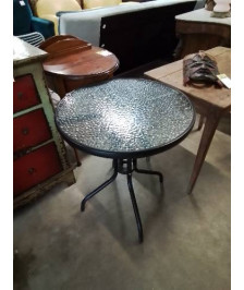 TABLE DE JARDIN RONDE MÉTAL NOIR PLATEAU VERRE 