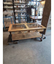 TABLE BASSE RECTANGULAIRE BOIS CLAIR PIÈTEMENT MÉTAL NOIR 2 TIROIRS 2 PLATEAUX VERRE STYLE INDUSTRIE