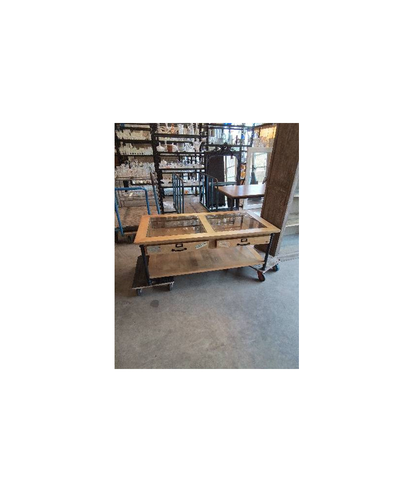 TABLE BASSE RECTANGULAIRE BOIS CLAIR PIÈTEMENT MÉTAL NOIR 2 TIROIRS 2 PLATEAUX VERRE STYLE INDUSTRIE