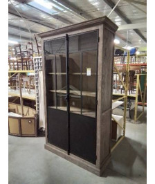 VITRINE BOIS CÉRUSE 2 PORTES MÉTALLIQUE NOIR STYLE INDUSTRIEL 