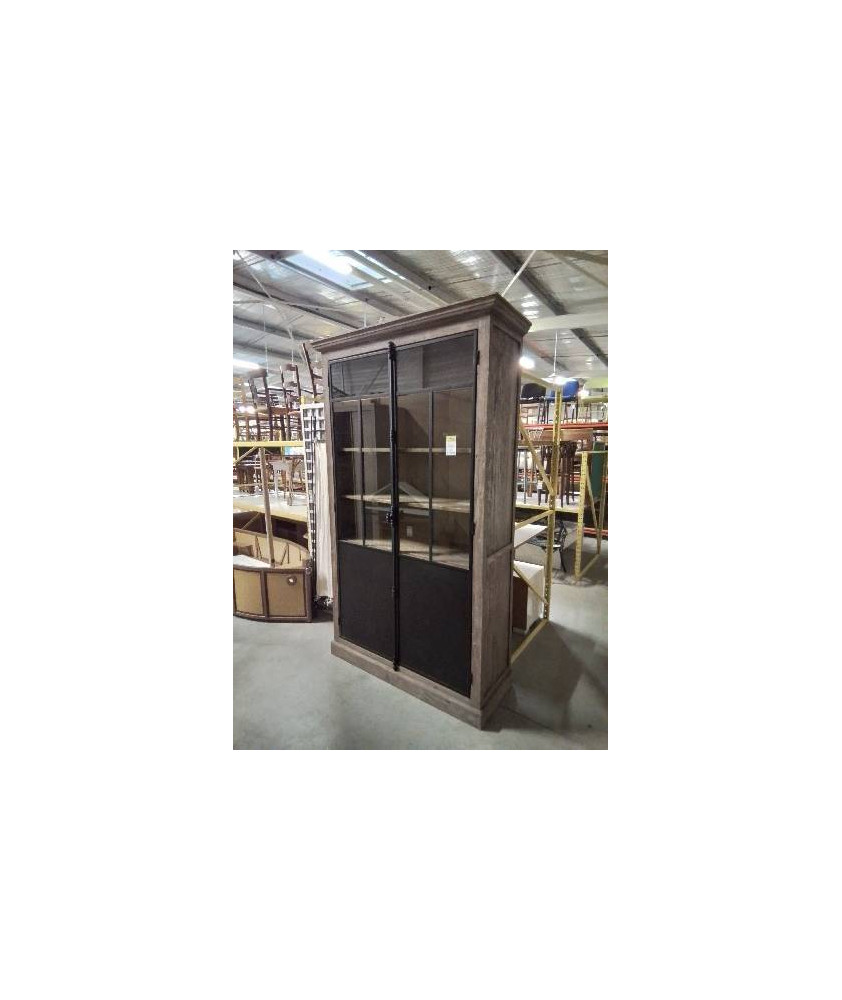 VITRINE BOIS CÉRUSE 2 PORTES MÉTALLIQUE NOIR STYLE INDUSTRIEL 