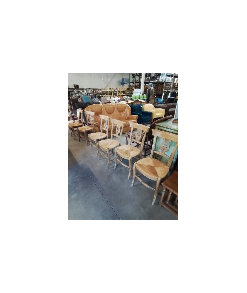 6 CHAISES BOIS CLAIR PAILLÉ DOSSIER LYRE 