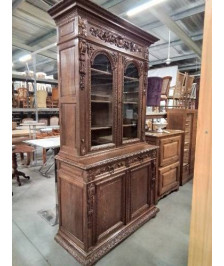 BUFFET VITRÉ 4 PORTES  2 TIROIRS BOIS SCULPTÉ ET MOULURÉ DÉBUT XXE