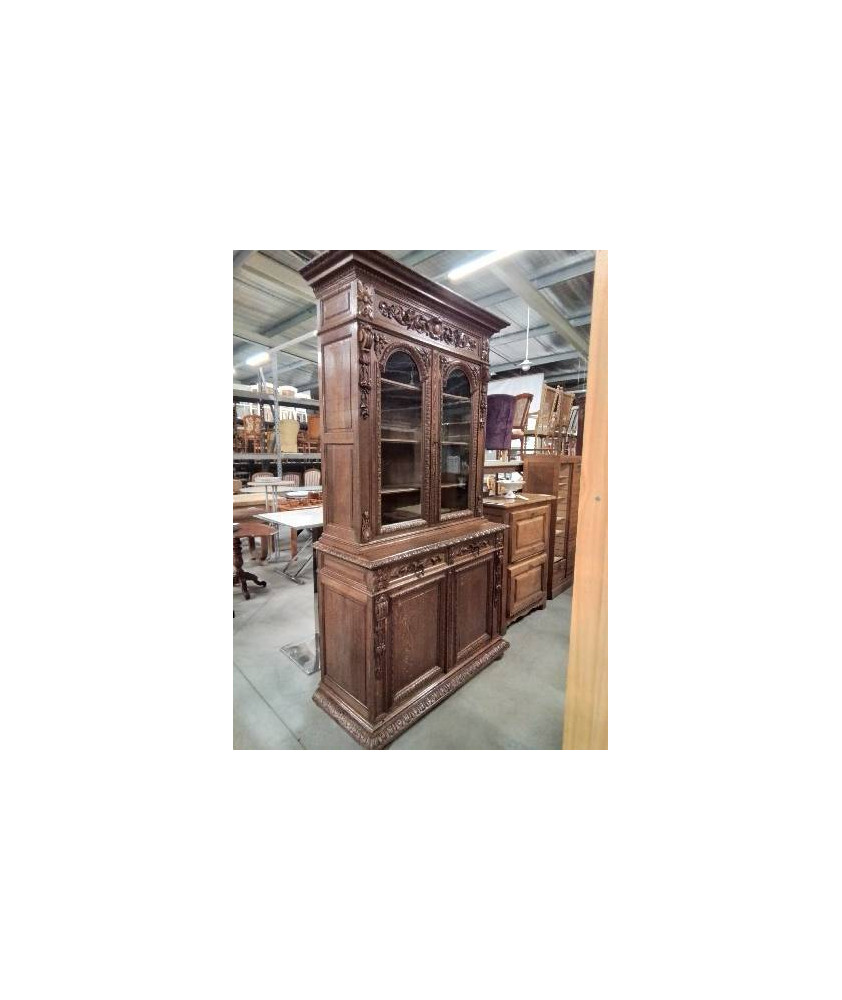 BUFFET VITRÉ 4 PORTES  2 TIROIRS BOIS SCULPTÉ ET MOULURÉ DÉBUT XXE