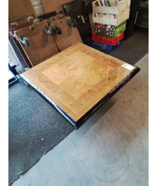 TABLE BASSE CARRÉE BOIS NOIR LAQUÉ DESSUS ORME PLATEAU VERRE PAUL MICHEL ANNÉES 80