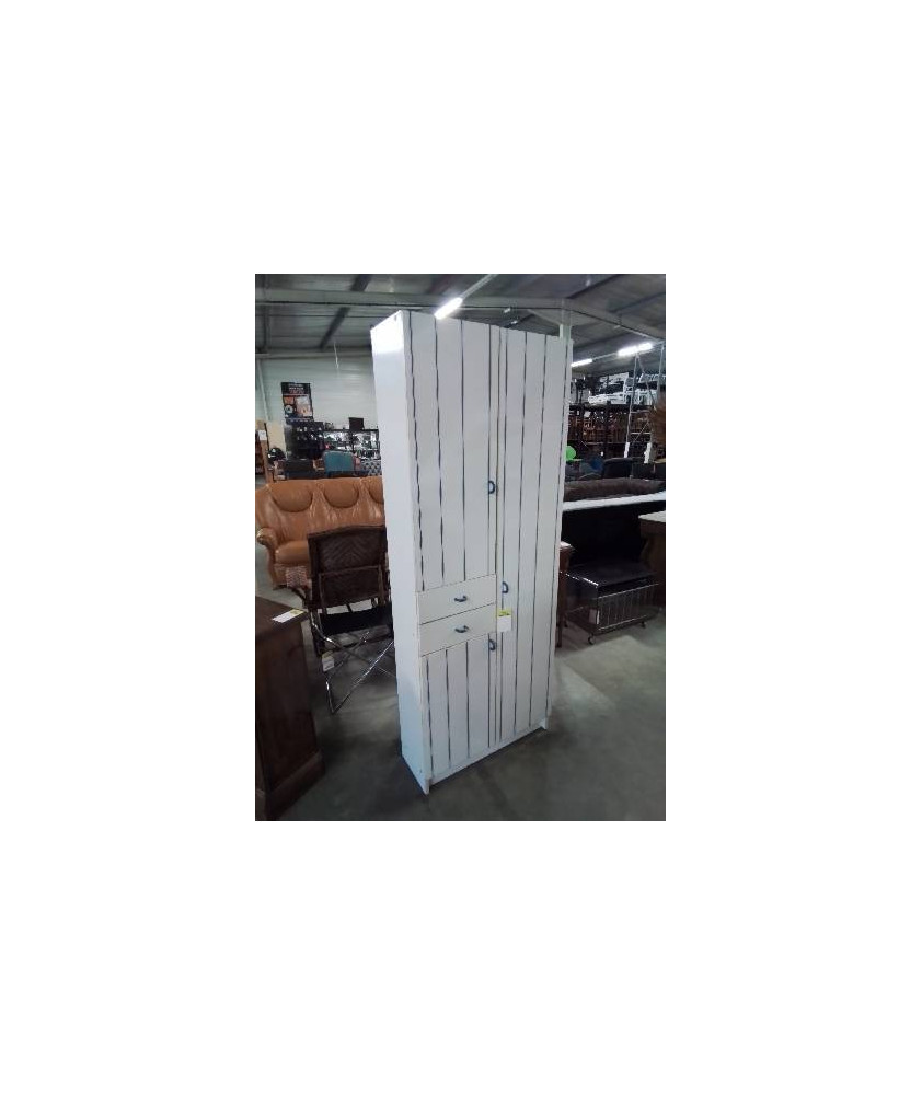 MEUBLE DE SALLE DE BAIN BOIS BLANC A RAYURES BLEU 3 PORTES 2 TIROIRS 