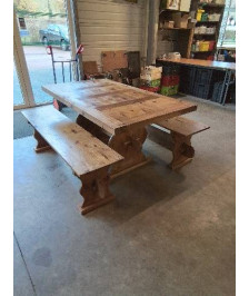 ENSEMBLE 3 PIÈCES 2 BANCS ET TABLE MONASTÈRE PIN 160X91X756,5