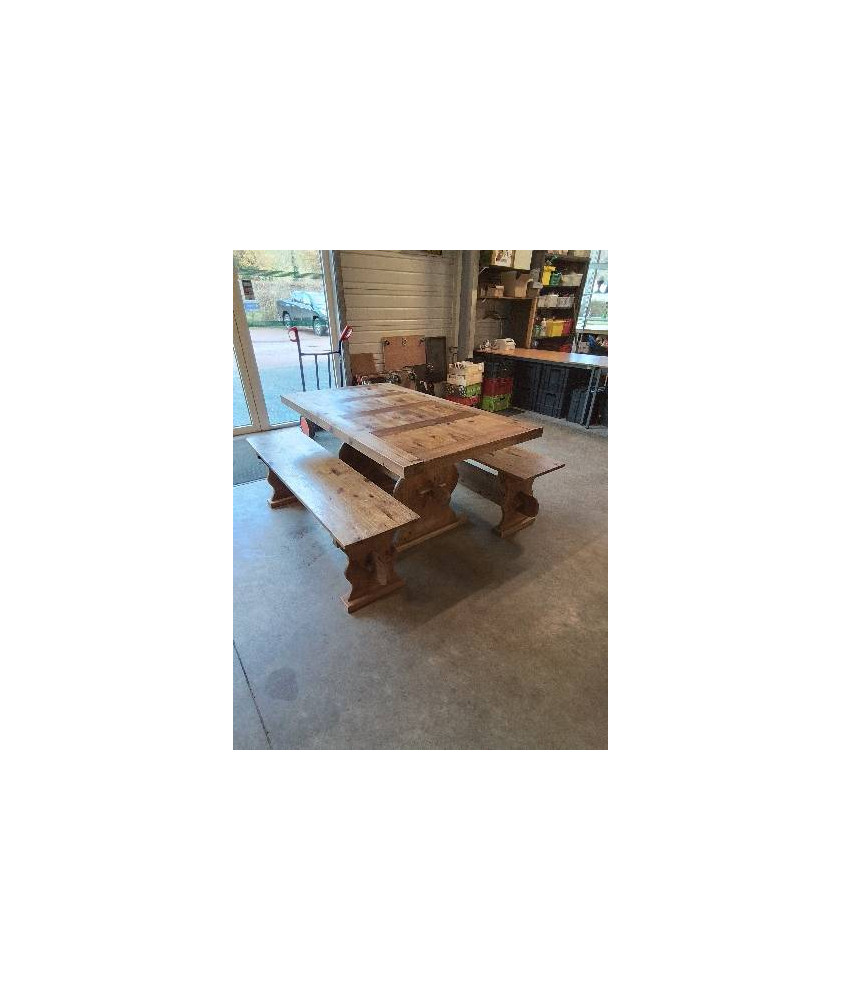 ENSEMBLE 3 PIÈCES 2 BANCS ET TABLE MONASTÈRE PIN 160X91X756,5