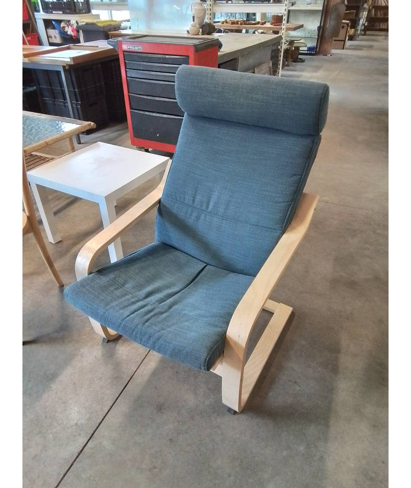 FAUTEUIL POANG IKEA PIÈTEMENT BOIS CLAIR ASSISE TISSU BLEU