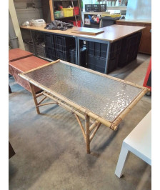 TABLE BASSE RECTANGULAIRE BAMBOU ET VANNERIE PLATEAU VERRE