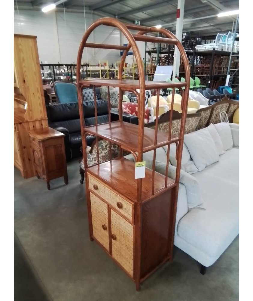 BIBLIOTHÈQUE ROTIN CINTRÉ 3 NICHES 1 TIROIR 2 PORTES