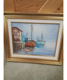 TABLEAU CHALUTIERS AU PORT CADRE DORÉ 