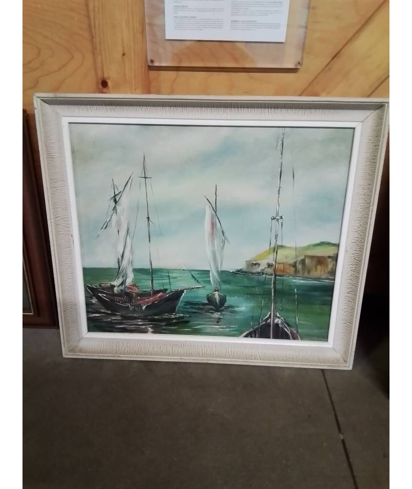 HUILE SUR PANNEAU VOILIERS CADRE ANNÉES 50