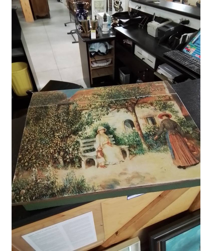 ECRITOIRE DE TABLE BOIS GAINE CUIR VERT DÉCOR JEUNES ENFANTS