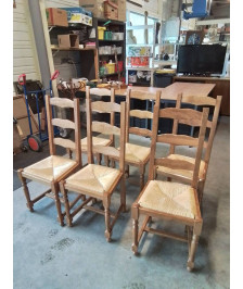 6 CHAISES BOIS CLAIR PAILLÉ A ENTRETOISE DOSSIER 3 BARREAUX