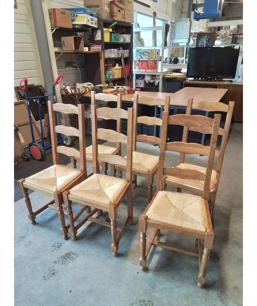 6 CHAISES BOIS CLAIR PAILLÉ A ENTRETOISE DOSSIER 3 BARREAUX