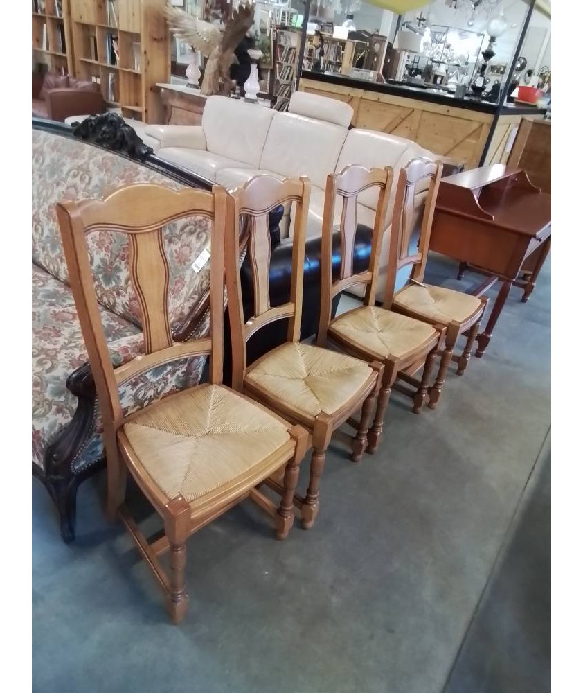 4 CHAISES BOIS PAILLÉ HAUT DOSSIER CINTRE STYLE REGENCE 