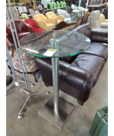 TABLE MANGE DEBOUT ROND PIÈTEMENT MÉTAL BROSSÉ PLATEAU VERRE