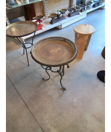 TABLE BASSE RONDE PIÈTEMENT FER FORGÉ COURBÉ PLATEAU CUIVRE