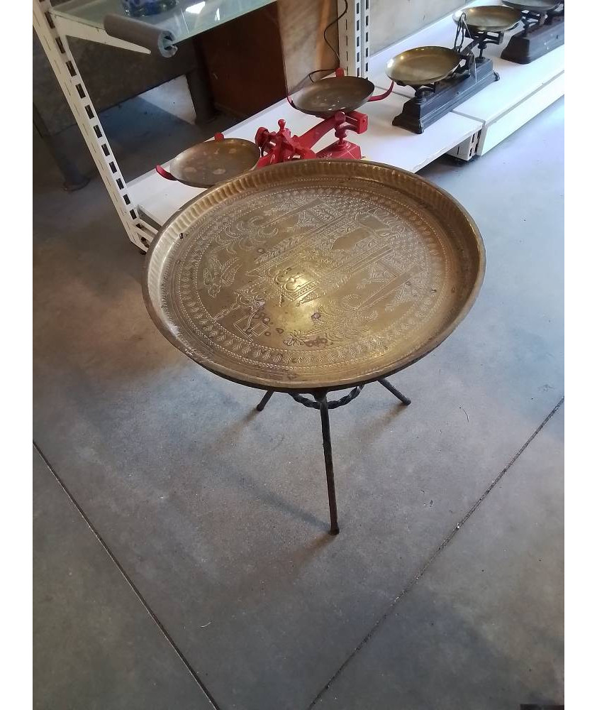 TABLE BASSE RONDE PIÈTEMENT FER FORGÉ PLATEAU CUIVRE