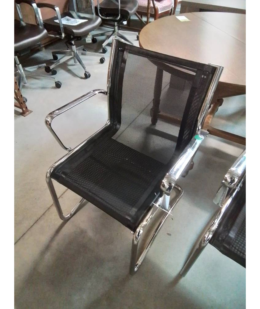 FAUTEUIL D’ACCEUIL PIÈTEMENT MÉTAL CHROMÉ ASSISE TOILE NOIR 