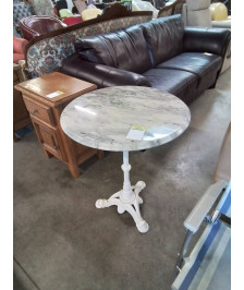 TABLE BISTROT RONDE PIÈTEMENT FONTE PEINT BLANC PLATEAU MARBRE 