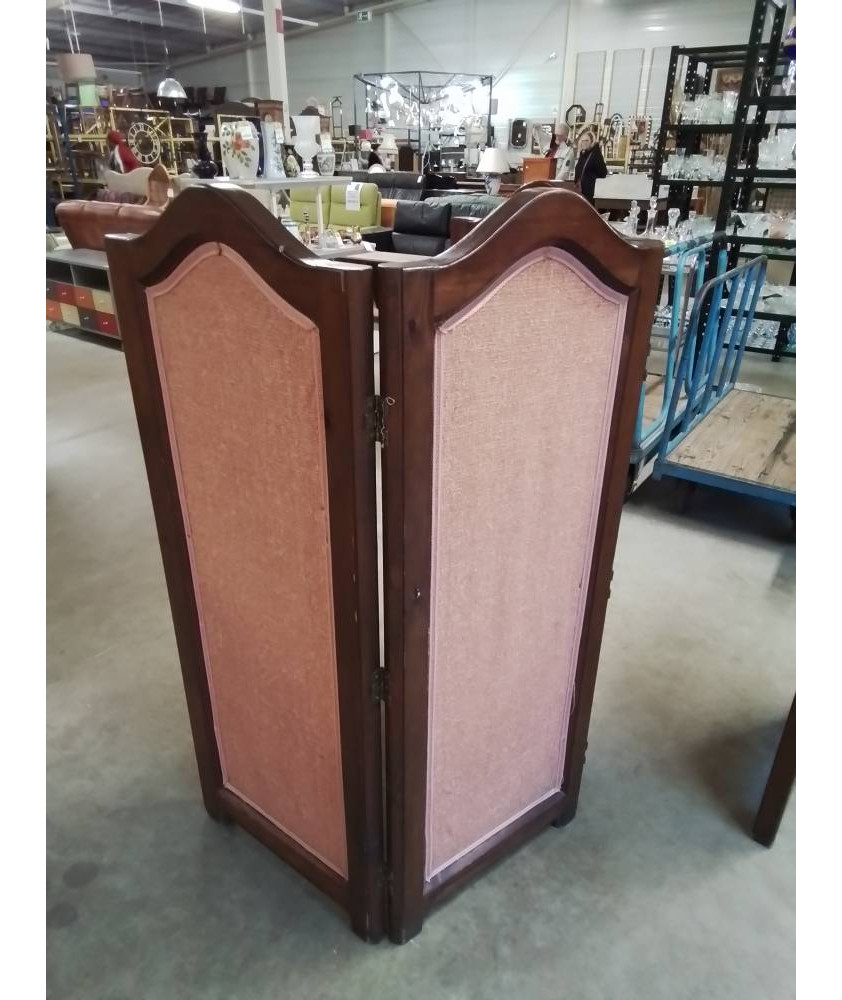 PARAVENT 3 FEUILLES BOIS CINTRE CAPITONNÉ TISSU ROSE 