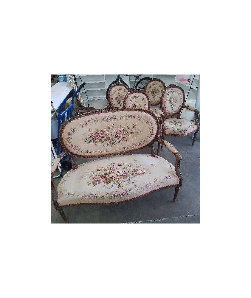 SALON TAPISSERIE BANQUETTE + 4 FAUTEUILS