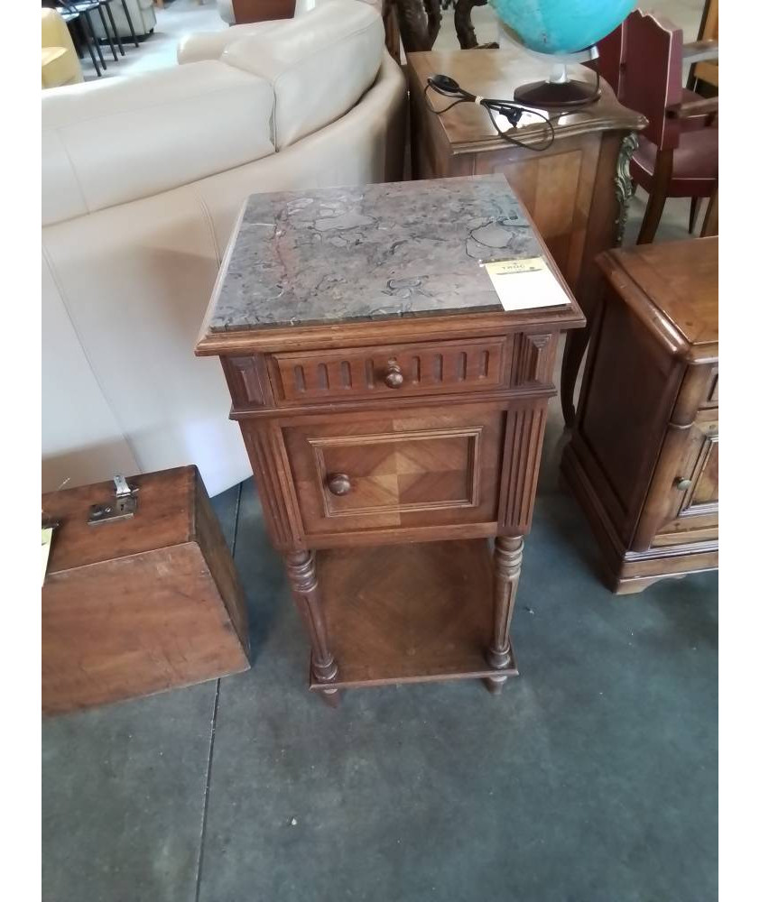 CHEVET A COLONNES BOIS MOULURÉ 1 TIROIR 1 PORTE DESSUS MARBRE GRIS FIN XIXE