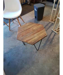 TABLE BASSE HEXAGONALE PIÈTEMENT FER FORGÉ PLATEAU BOIS