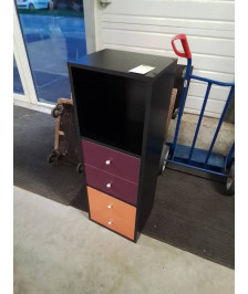 MEUBLE BOIS NOIR WENGÉ 4 TIROIRS MAUVE ET ORANGE 1 NICHE 