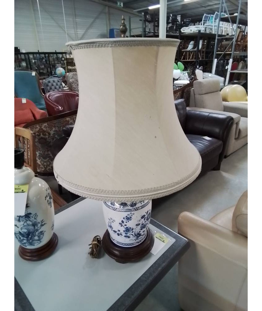 LAMPE CÉRAMIQUE ECRU BLEU SOCLE BOIS AJ ÉCRU EN L\'ÉTAT 