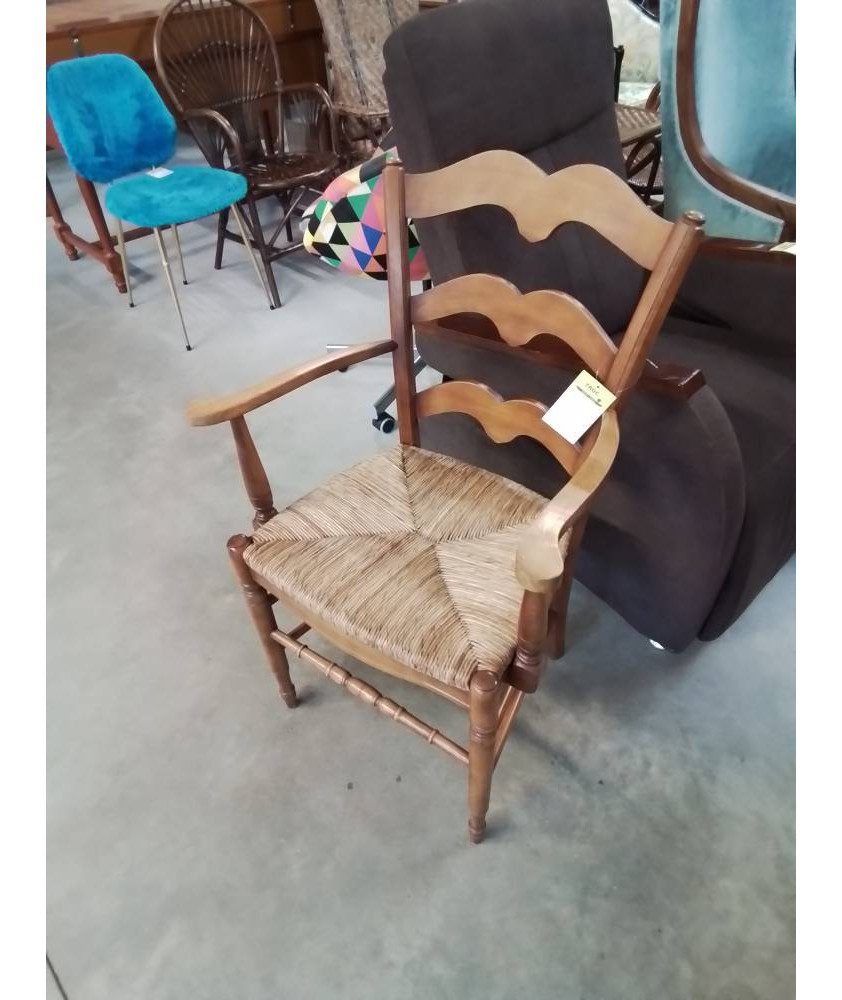 FAUTEUIL DE CHEMINÉE BOIS CLAIR PAILLÉ DOSSIER MOUSTACHE 