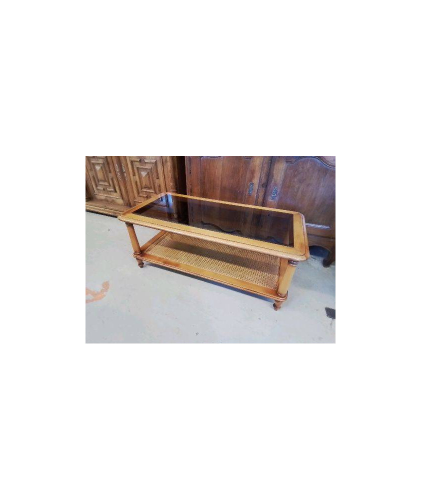 TABLE DE SALON MERISIER VERRE ET CANAGE