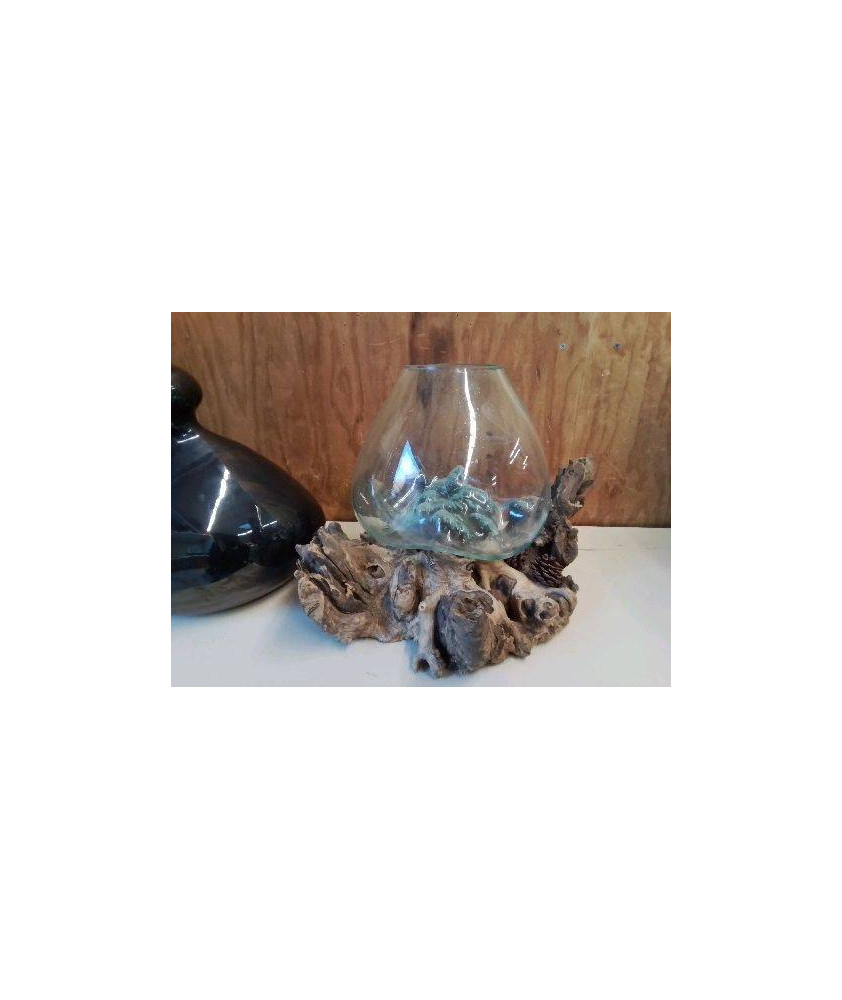 VASE EN VERRE SUR RACINE EN BOIS