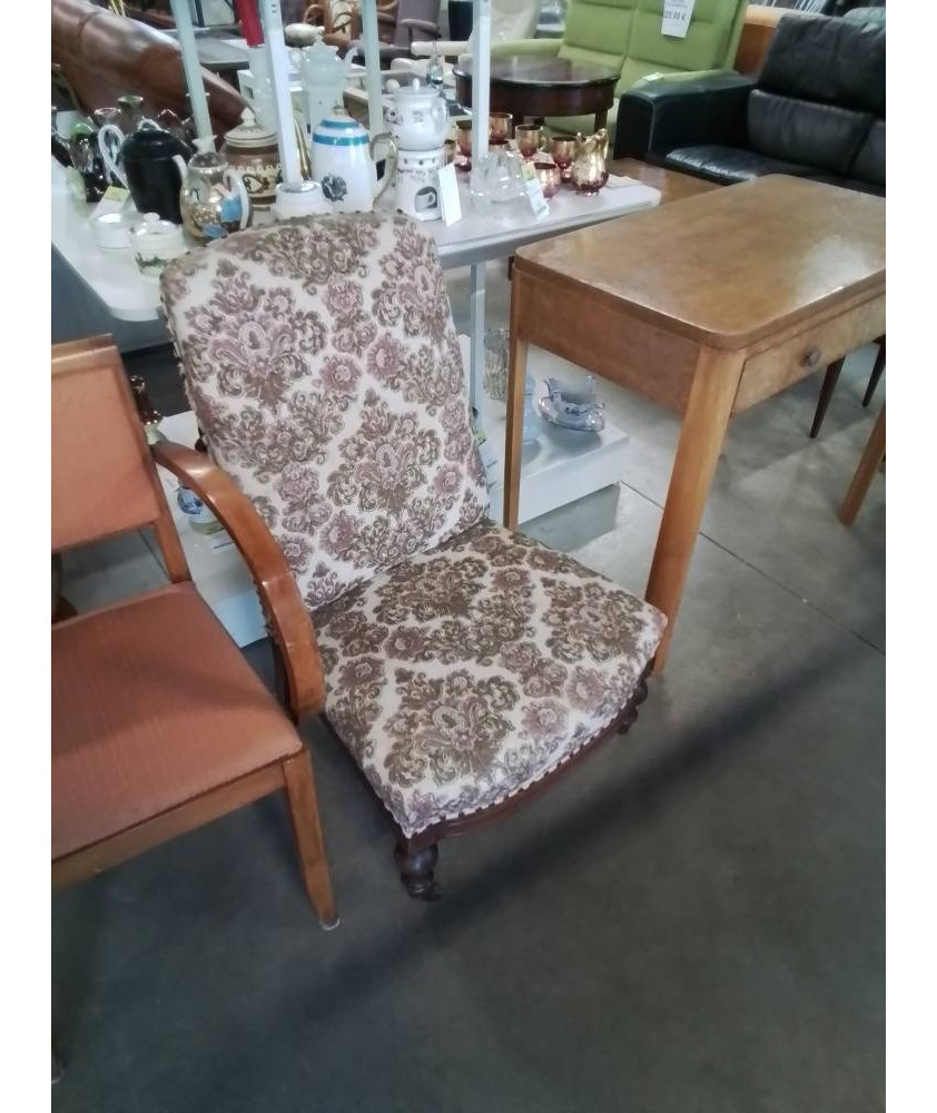 CHAISE BASSE BOIS CAPITONNÉ TISSU ECRU ROSE FIN XIXE