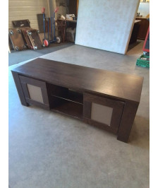 MEUBLE TV BAS BOIS MARRON 2 PORTES 2 NICHES 