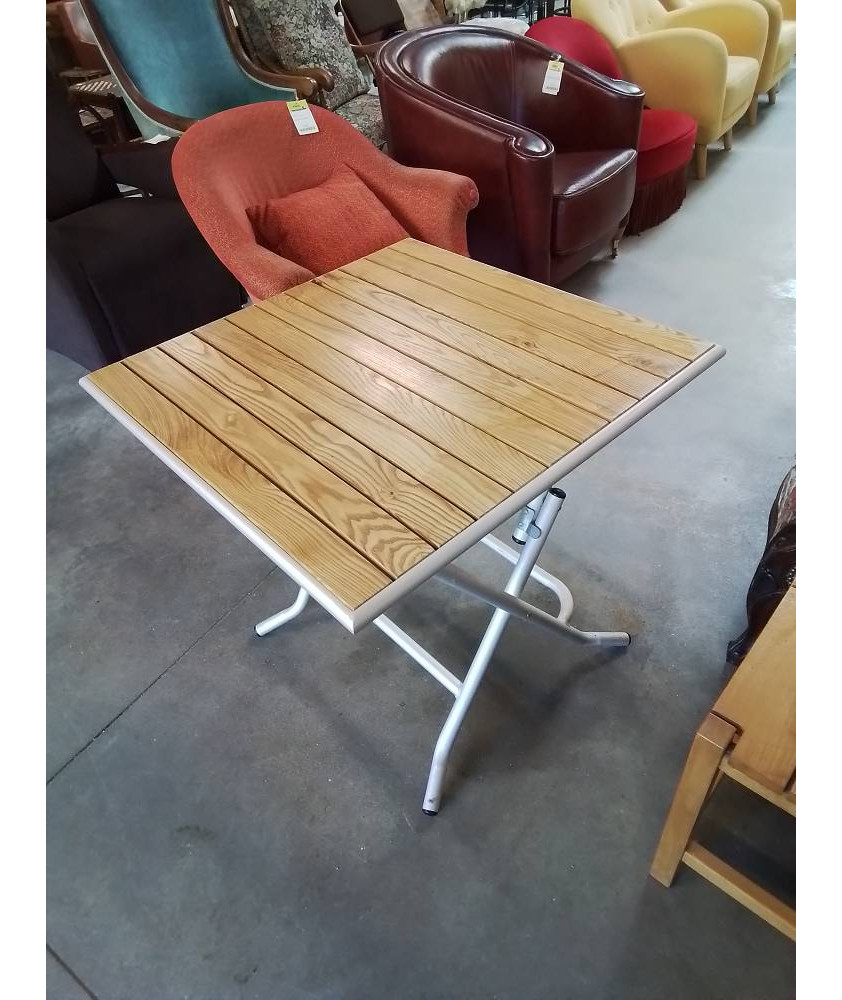 TABLE DE JARDIN PLIANTE CARRÉE PIÈTEMENT MÉTAL GRIS PLATEAU PIN AJOURÉ 