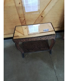 CONSOLE RECTANGULAIRE BOIS GRAVÉ CLAIR ET NOIR 2 NIVEAUX DESSUS MIROIR