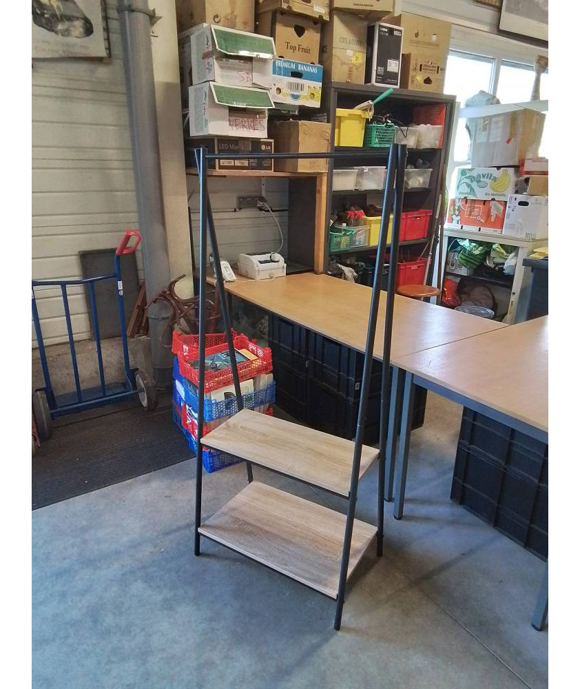 PORTANT MÉTAL NOIR  2 TABLETTES BOIS CLAIR 